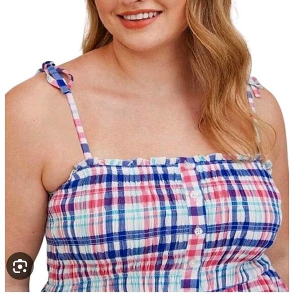 Torrid Plaid Gauze Smocked Babydoll Top 0X Button Front EUC #AltGirl #Grunge - Picture 2 of 9